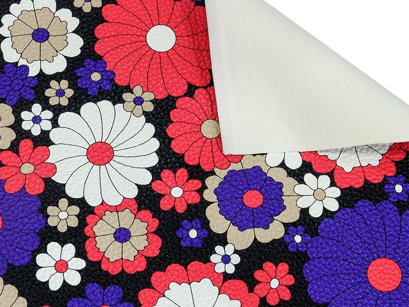 IMITATION LEATHER BLACK FLOWERS 140 CM 35 MB
