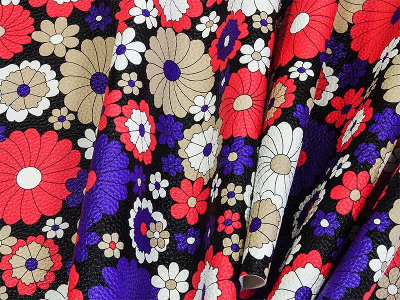 IMITATION LEATHER BLACK FLOWERS 140 CM 35 MB