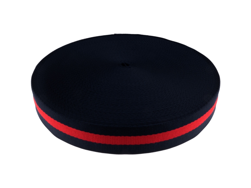 Polycotton webbing 38 mm / 1,40 (+/- 0,05) mm navy blue and red 50 yd