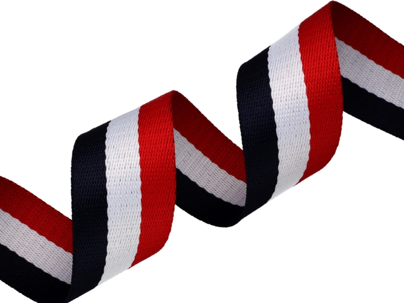 Polycotton popruh 38 mm / 1,40 (+/- 0,05) mm (7) tmavě modrá, bílá a červená 50 yd