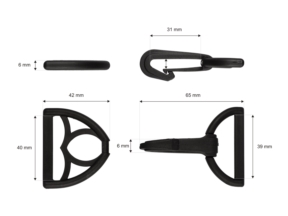 Karabińczyk plastikowy 40 mm czarny + trójkąt