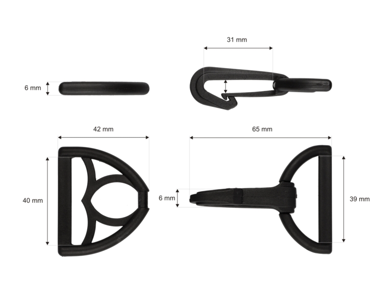 Karabińczyk plastikowy 40 mm czarny + trójkąt