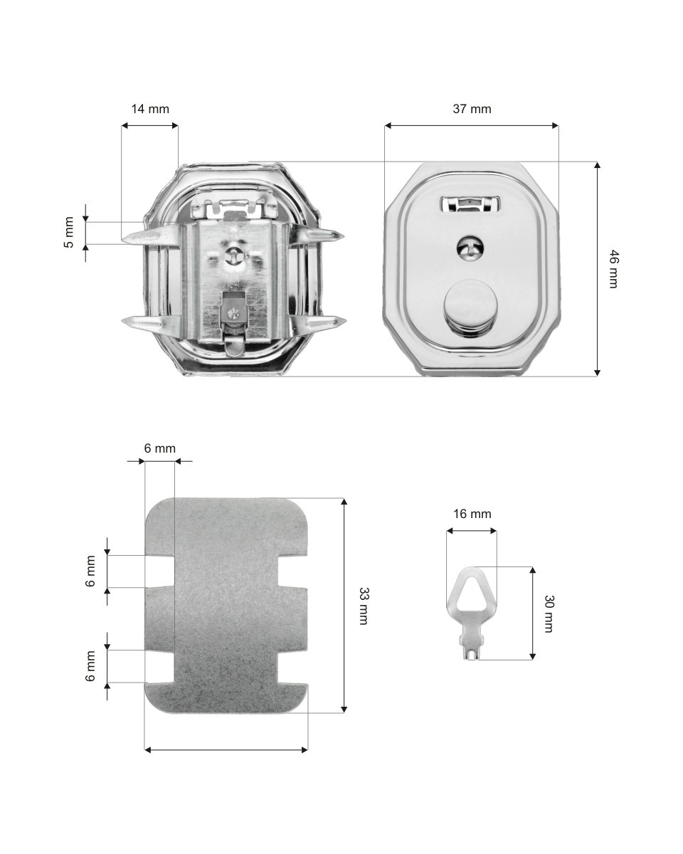 Briefcase lock   37/47 mm 016&nbspglossy nickel&nbsp12 pcs